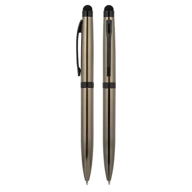 İki adet bronz metalik promosyon touchpen kalem, siyah klips ve dokunmatik uç