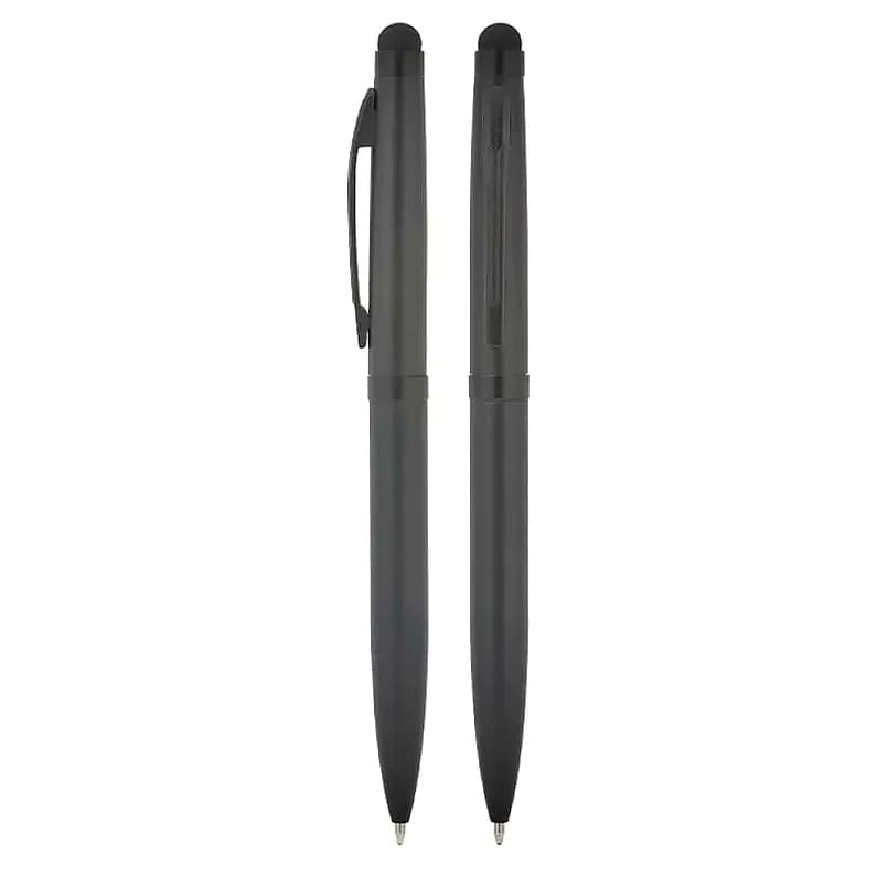 İki adet siyah gövdeli promosyon touchpen kalem, yuvarlak dokunmatik uçlu
