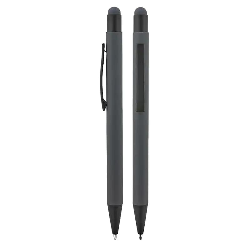 İki adet gri promosyon touchpen kalem, üstte dokunmatik uç altta yazı ucu