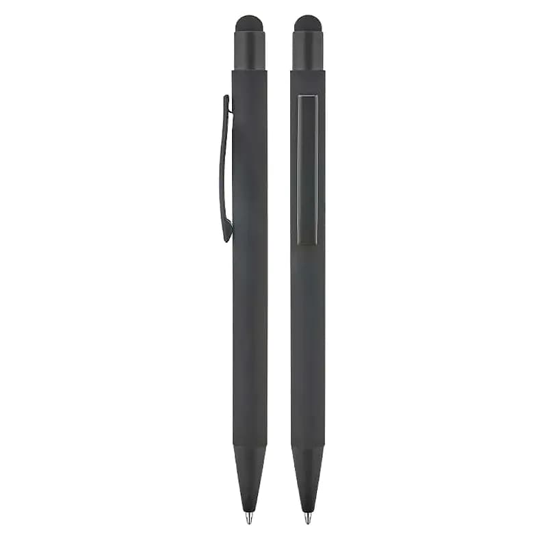 İki adet siyah promosyon touchpen kalem, yuvarlak dokunmatik uçlu