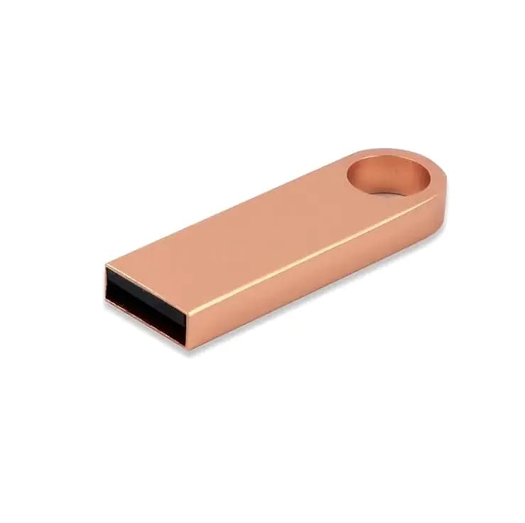 promosyon bakır renkli ince metal USB bellek, yuvarlak askı deliği ve beyaz fon
