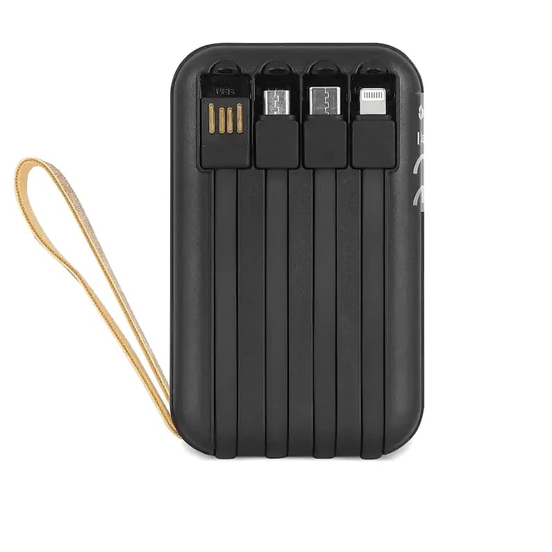 Mat siyah promosyon powerbank, dört dahili kablo ve altın tonlu askı
