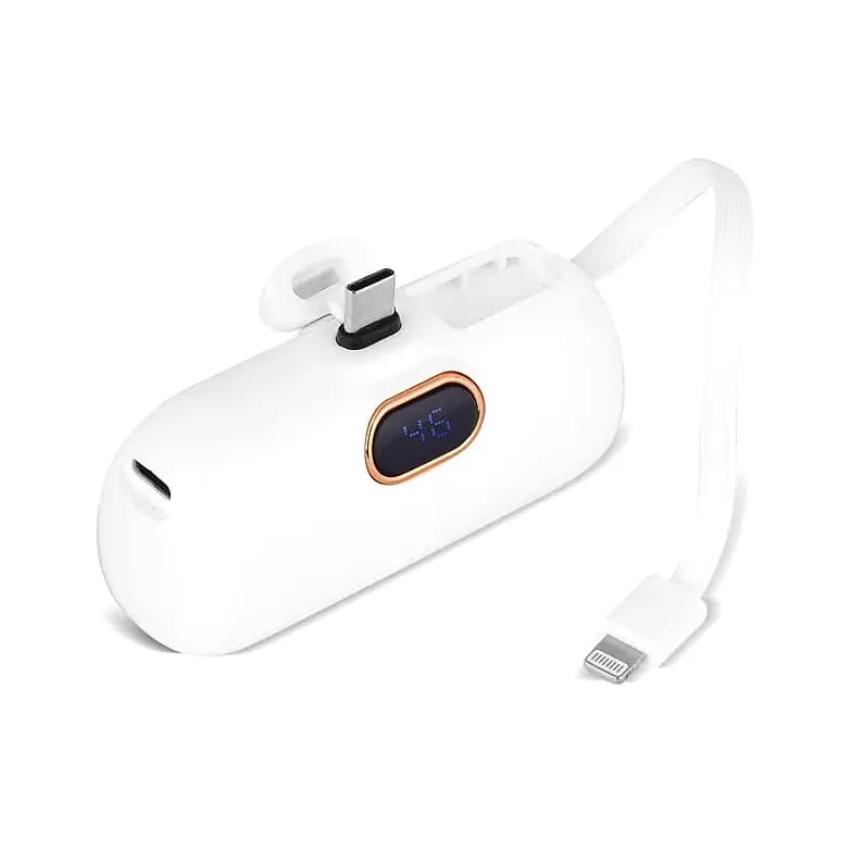 Beyaz oval promosyon powerbank, gül kurusu çerçeveli ekran ve iki kablo