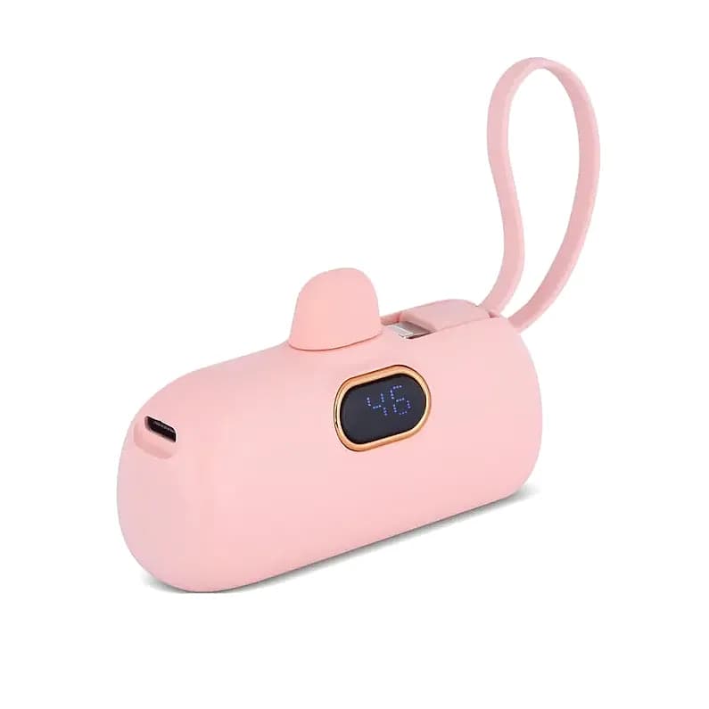 Pembe oval promosyon powerbank, altın çerçeveli ekran ve halka kablo