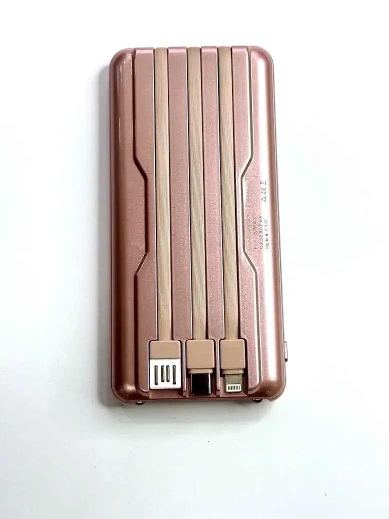 promosyon bakır tonlu ince powerbank, yivli yüzey ve üç konnektör uçlu
