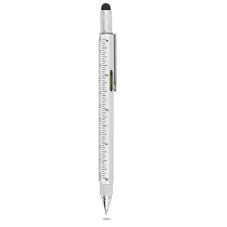 Çok fonksiyonlu tablet kalemi, gümüş gövde, cetvel, su terazisi ve dokunmatik uç; promosyon