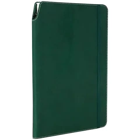 promosyon koyu yeşil deri defter, beyaz dikişli kenar ve siyah askı detayı