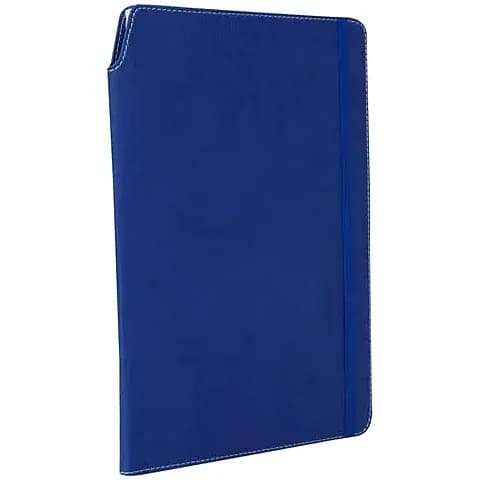promosyon lacivert deri defter, beyaz dikiş çizgileri ve dikey lastik