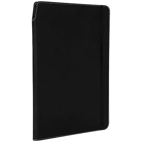 promosyon siyah deri defter, beyaz dikişli kenar ve dikey lastik bant