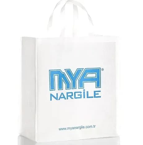 promosyon beyaz tela çanta, mavi kurumsal logo ve adres baskısı, beyaz dokuma kulplu