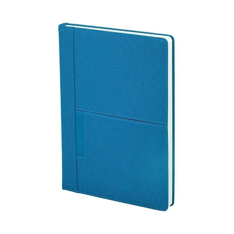 Mavi bez dokulu promosyon defter, yatay dikiş çizgisi ve kalem halkası