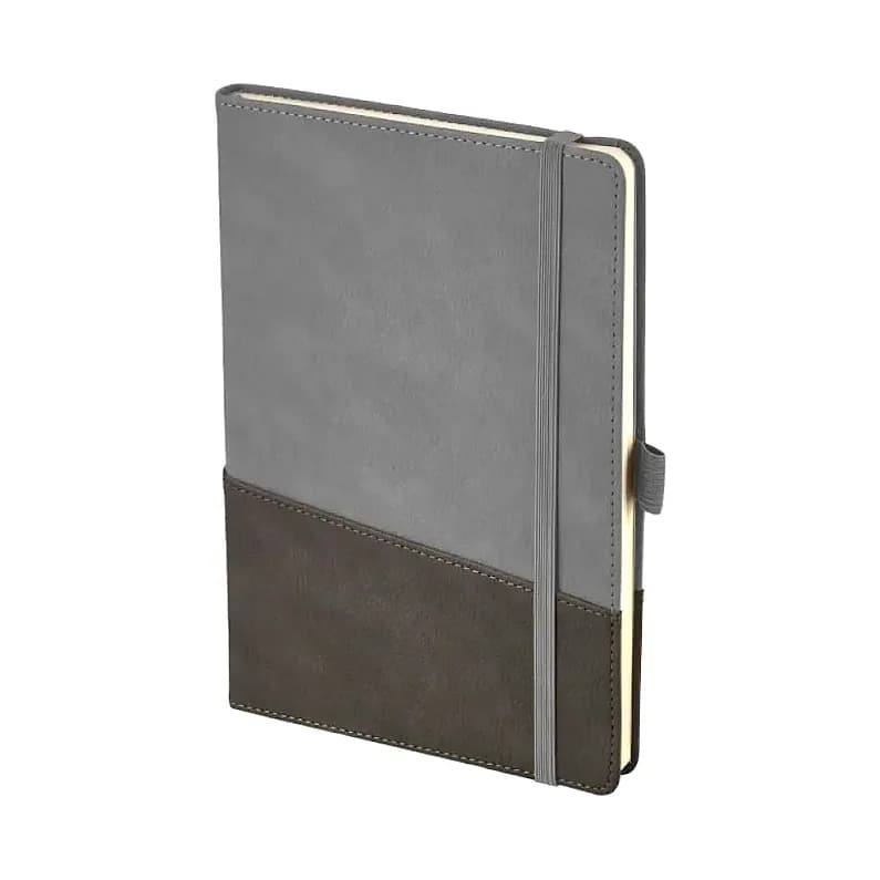 Açık gri üstü koyu kahve promosyon defter, gri dikey lastik ve kalem halkası