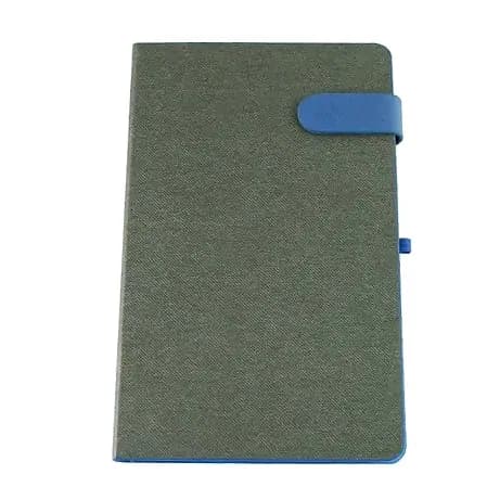 promosyon gri dokulu suni deri kapaklı defter, mavi lastik ve kalem halkası, beyaz fon
