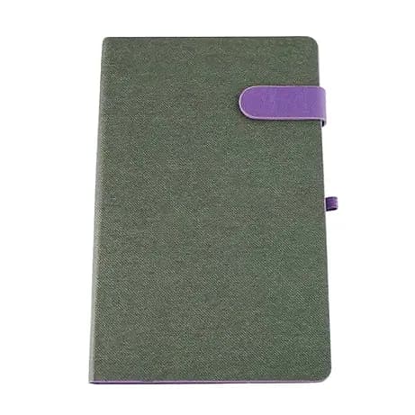 promosyon gri dokulu suni deri kapaklı defter, mor lastik ve kalem halkası, beyaz fon