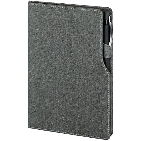 promosyon gri suni deri defter, kalem halkasına takılı kalem, beyaz fonda çekim