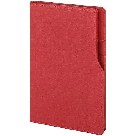 promosyon kırmızı keten dokulu defter kapağı, ön yüzde cep kesimi, beyaz fon