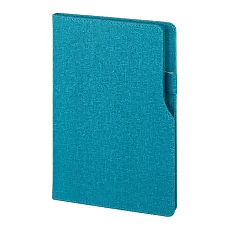 promosyon turkuaz keten dokulu defter kapağı, ön yüzde kesim cep detayı, beyaz fon