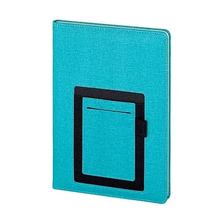promosyon turkuaz suni deri defter, kapakta siyah kare telefon cebi detayı, beyaz fon