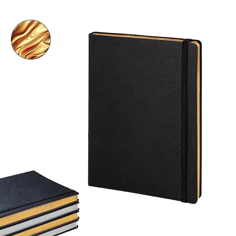 Altın yaldız kenarlı siyah promosyon defter, dörtlü istif ve doku detayı