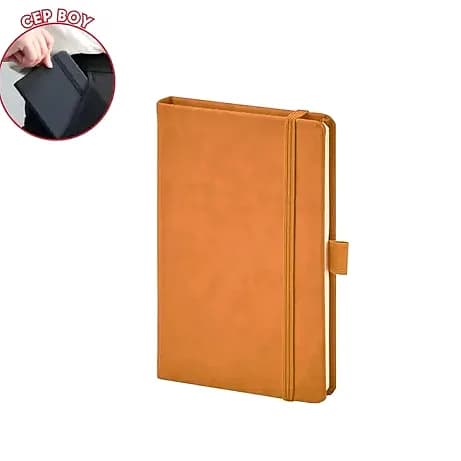promosyon tan renkli cep boy suni deri defter, lastik kapama ve kalem halkası, beyaz fon