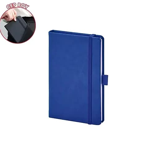 promosyon mavi cep boy suni deri defter, lastikli kapama ve kalem halkası, beyaz fon