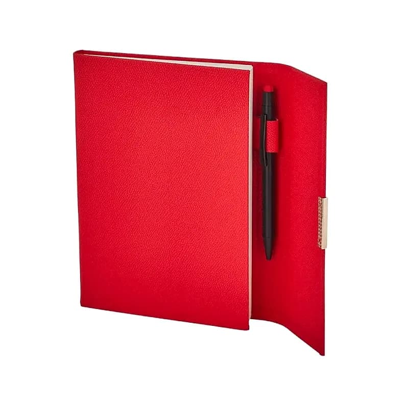 Kapağı açık kırmızı promosyon defter, kırmızı kalem halkası ve siyah kalem