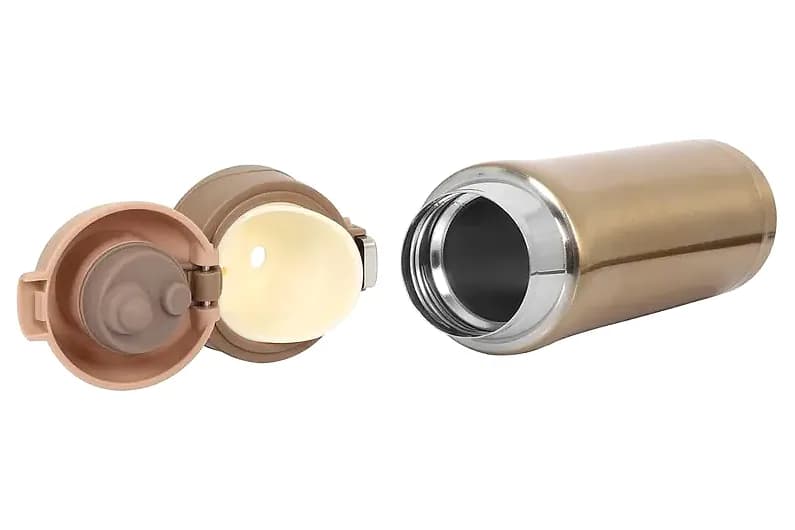 promosyon iki parça termos, bronz metal gövde, krem ve kahverengi plastik kapaklı, çelik ağızlı