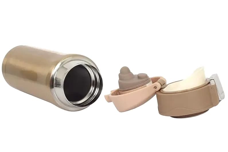 promosyon bej silindirik metal termos, krem plastik kapaklı; gümüş ağız ve silikon emzik detaylı