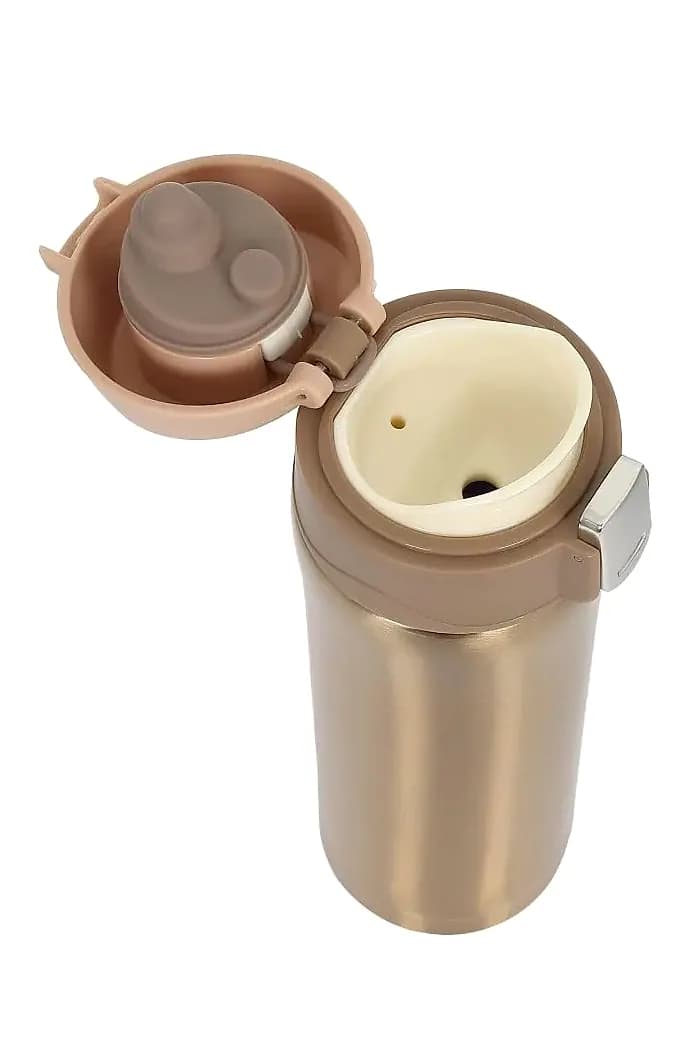 promosyon bej-bronz metal termos, açık kapaklı, silikon contalı, beyaz ağızlıklı, beyaz zemin