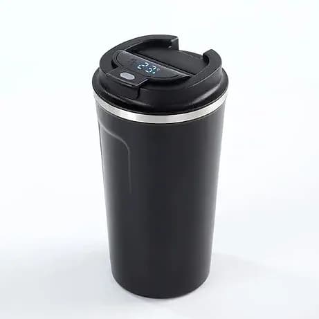 promosyon siyah gövdeli akıllı termos, sıcaklık göstergeli kapak, yandan çekim