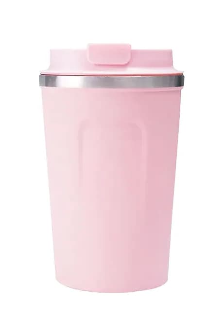 promosyon pembe gövdeli kaydırmalı kapaklı termos, mat yüzey, beyaz fonda önden çekim