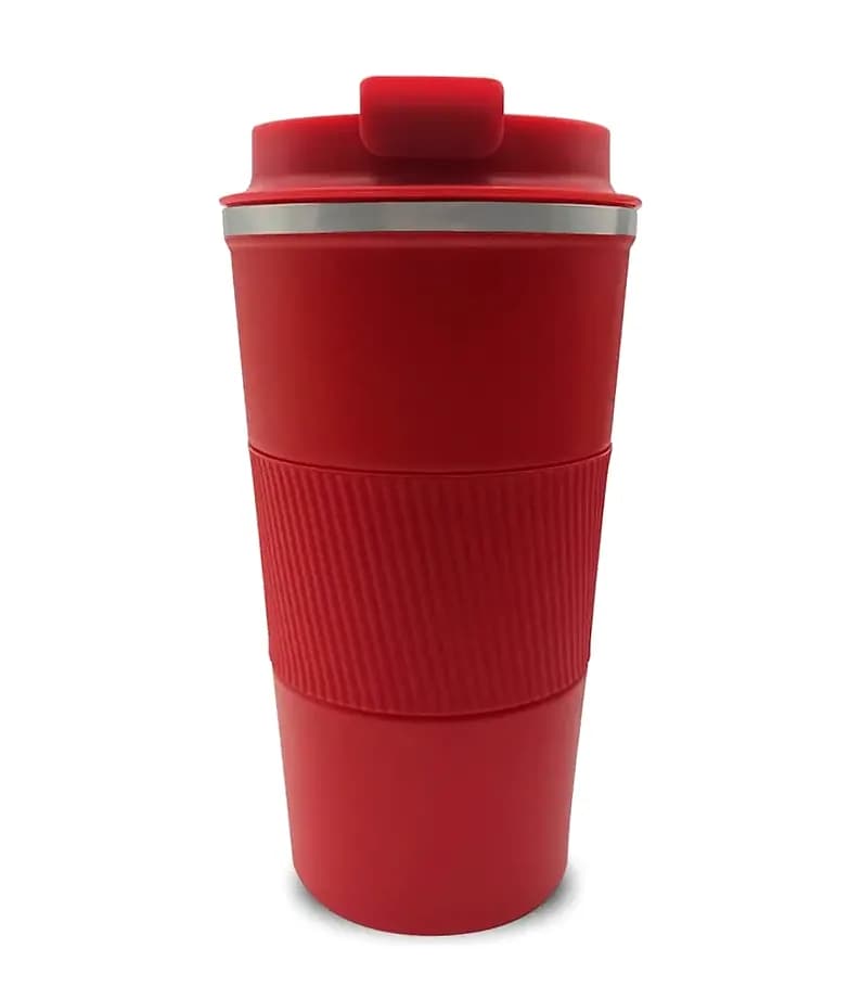 promosyon kırmızı mat termos 500 ml, orta dokulu bant ve gümüş halka detayı