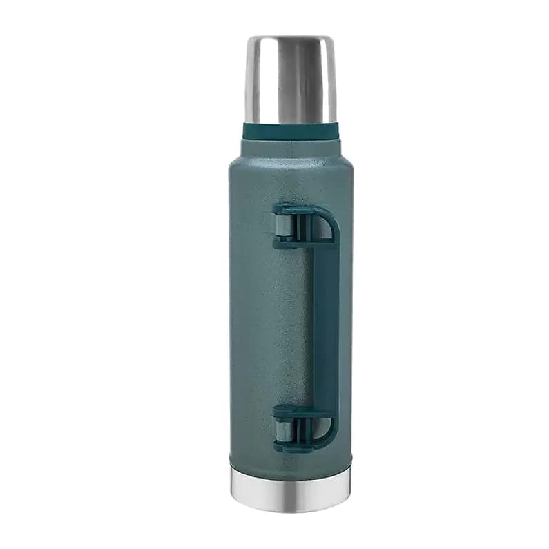 promosyon petrol yeşili termos 1450 ml, gümüş kapak ve yan tutamaklı