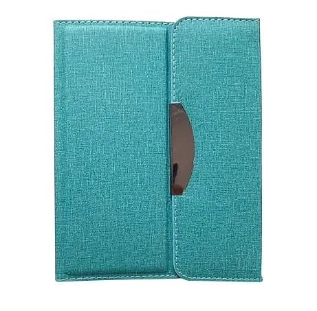 Turkuaz kumaş kaplı organizer defter, kapak tokası ve dikey kalem yuvası; promosyon