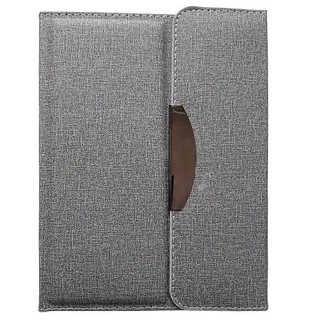 Açık gri kumaş kaplı organizer defter, kapak tokası ve dikey kalem yuvası; promosyon