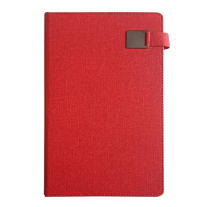 promosyon kırmızı dokulu defter, sağ üstte siyah metal toka, kırmızı bağcık, tek adet