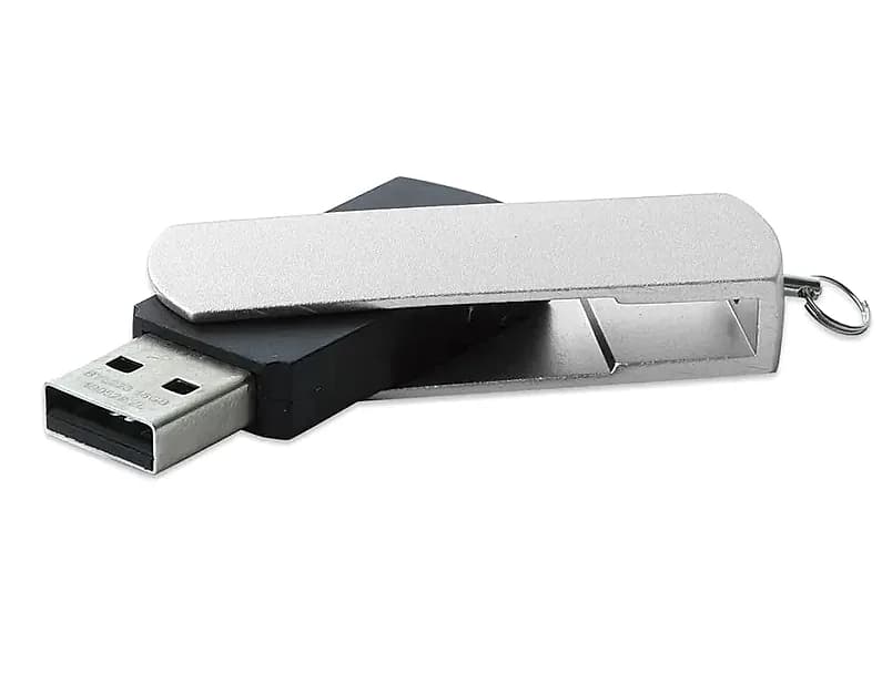 promosyon siyah plastik USB bellek, gümüş döner kapaklı, halkalı; bağlantı ucunda 2.0 yazısı