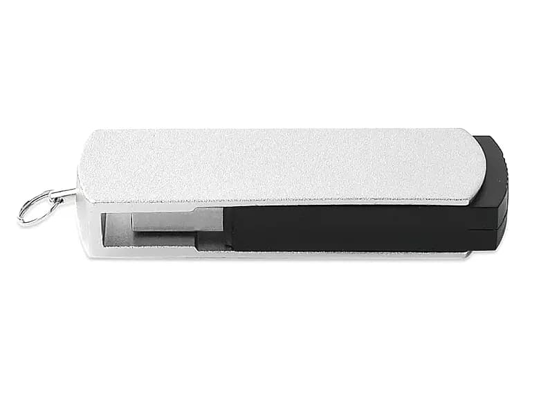 promosyon anahtarlıklı USB bellek, gri dokulu üst yüzey, beyaz gövde, siyah uçlu, metal halkalı
