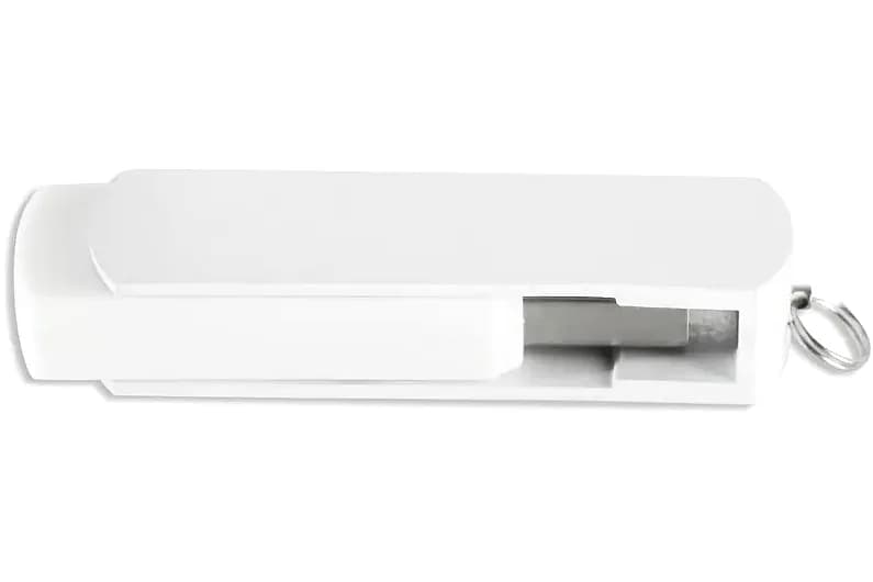 promosyon beyaz plastik USB bellek, dikdörtgen gövdeli, metal uçlu, halkalı, yazısız, beyaz zemin
