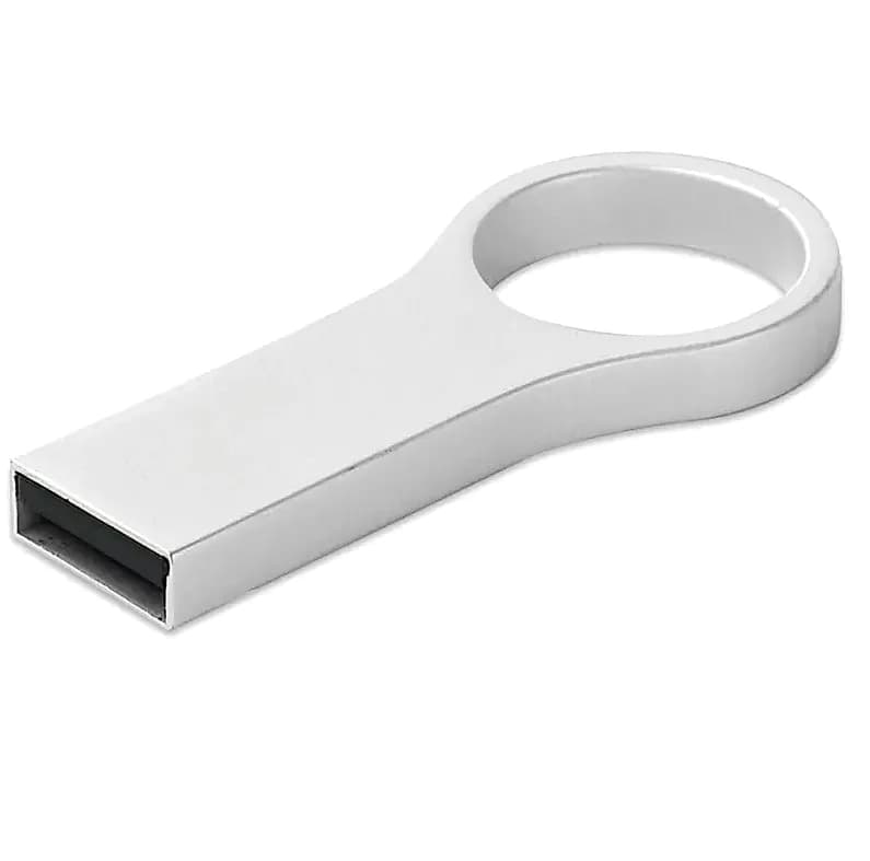 promosyon gümüş renkli metal USB bellek, yuvarlak halka uçlu, siyah bağlantı ağızlı, beyaz zemin