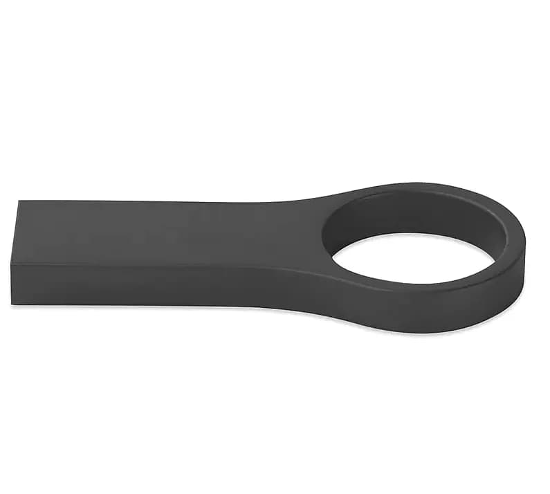 promosyon siyah mat metal USB bellek, tek parça dikdörtgen gövde ve yuvarlak halka, yazısız