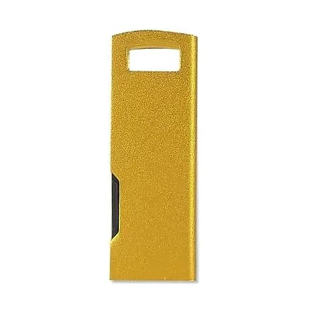 Simli altın renkli USB bellek, parlak yüzey ve sürgülü mekanizma; promosyon ürünü