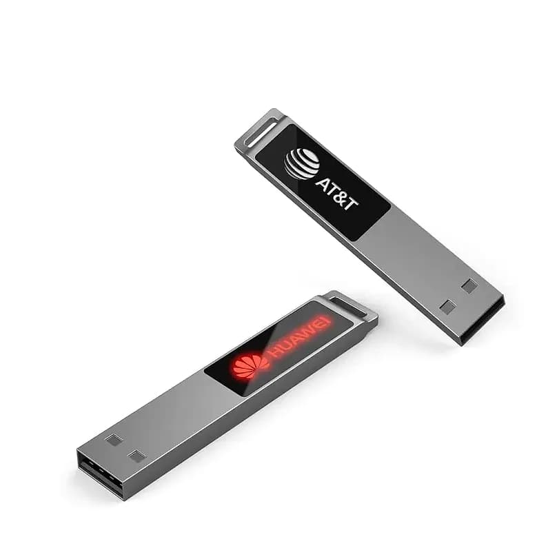 promosyon iki adet ince USB bellek, beyaz yazı ve kırmızı ışıklı logo baskısı