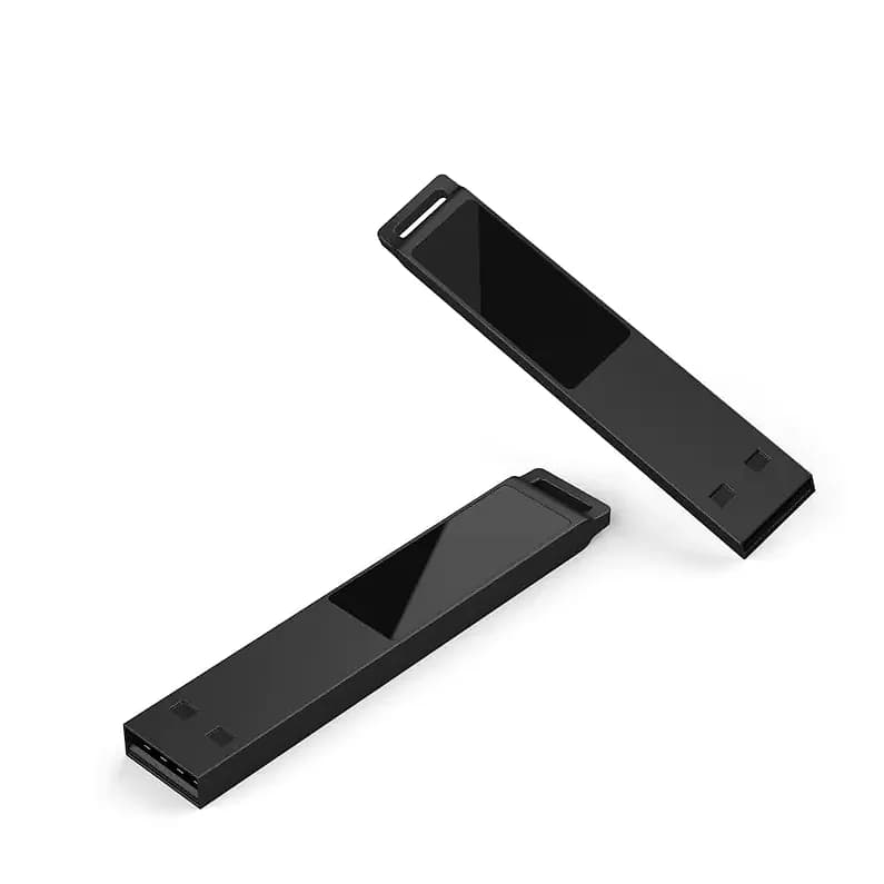 promosyon iki adet mat siyah USB bellek, parlak üst panel ve askı deliği