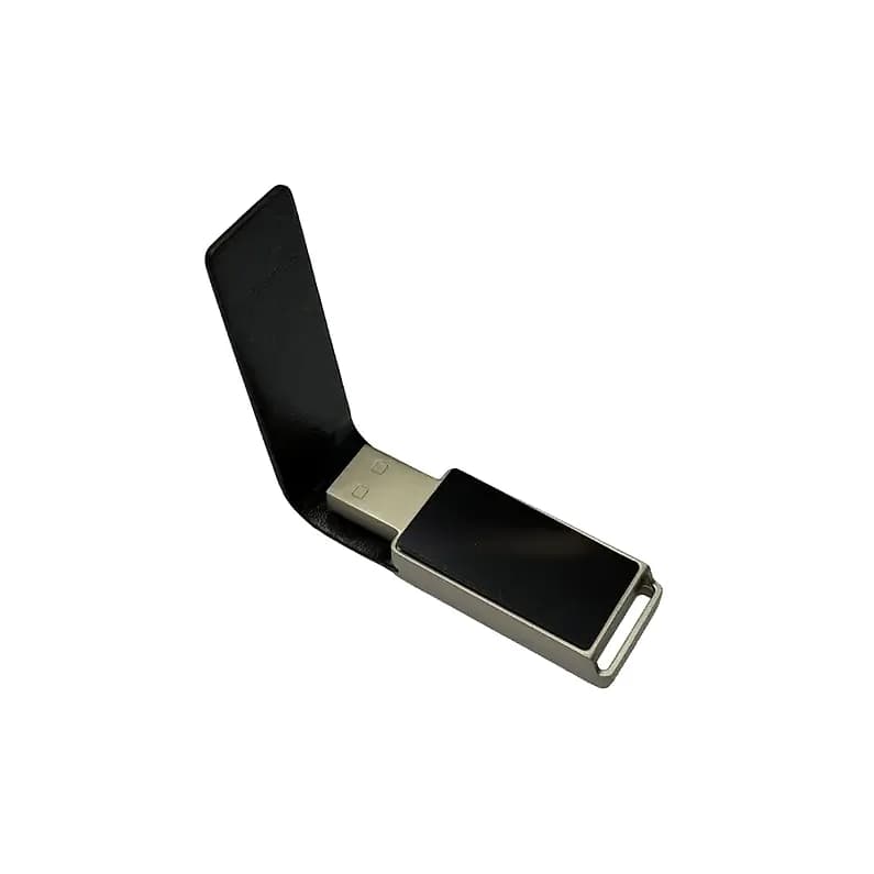 promosyon siyah deri kapaklı USB bellek, açık kapak ve gümüş metal uç