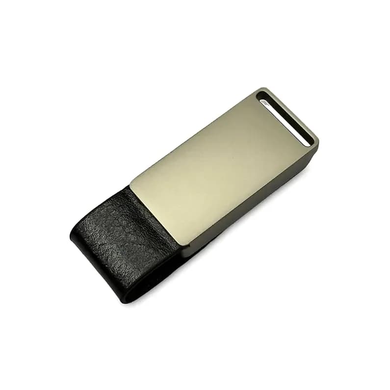 promosyon siyah deri kapaklı USB bellek, açık metalik plaka ve askı deliği