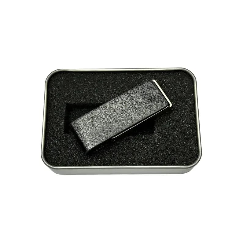 promosyon metal kutu içinde siyah deri kapaklı USB bellek ve sünger yatak