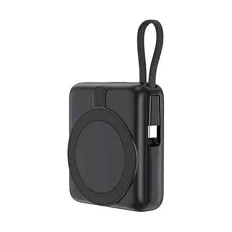 Promosyon siyah powerbank üç açıdan, oval manyetik alan ve dokuma askı