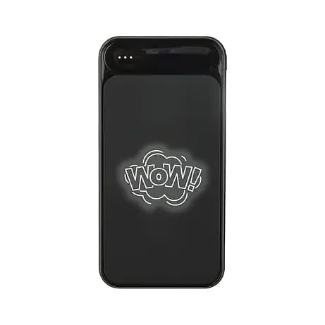Promosyon siyah powerbank, dört kademeli şarj göstergesi ve ışıklı logo alanı