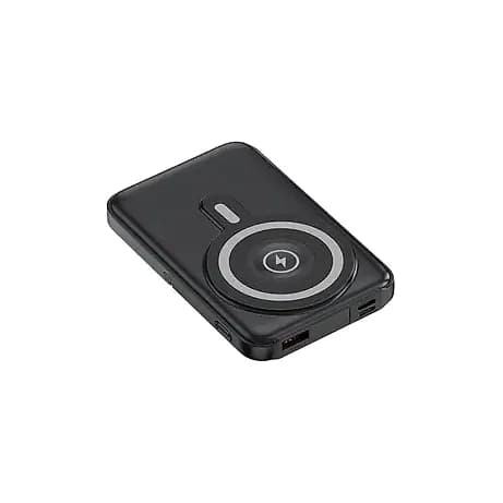 Promosyon ince manyetik powerbank, gri halkalı şarj yüzeyi ve yanındaki USB girişleri